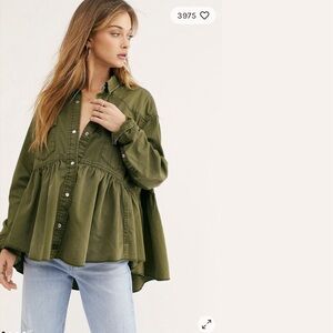 We The Free Dylan Cotton High Low Peplum Babydoll Army Denim Jacket